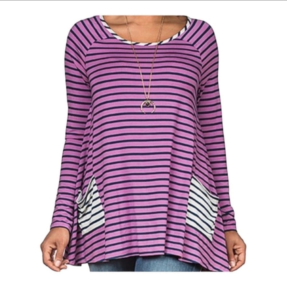 Matilda Jane Stretch Jersey Knit Striped Purple and Navy Long Sleeve Tunic Top